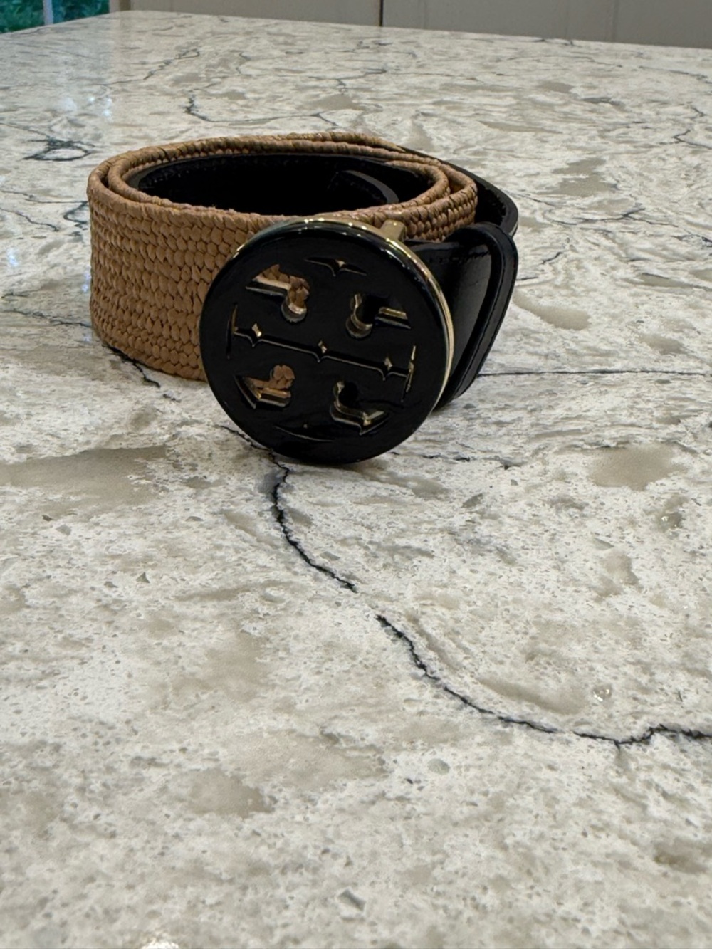 Tory Burch Black Leather and Woven Straw Miller Belt, Size Large